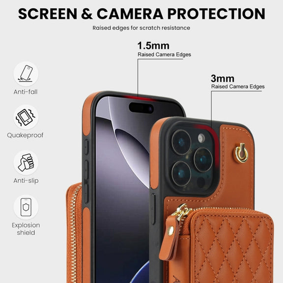 For iPhone 16 Pro Max AwQuer Crossbody Zipper Wallet Rhombic Leather Back Phone Case(Brown)