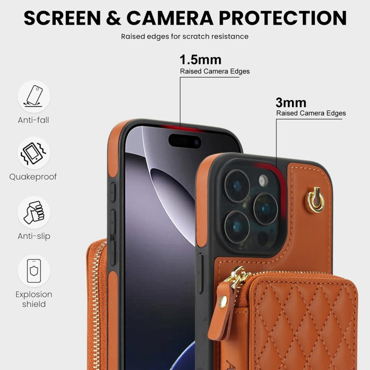 For iPhone 16 Pro Max AwQuer Crossbody Zipper Wallet Rhombic Leather Back Phone Case(Brown)