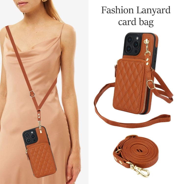 For iPhone 16 Pro Max AwQuer Crossbody Zipper Wallet Rhombic Leather Back Phone Case(Brown)