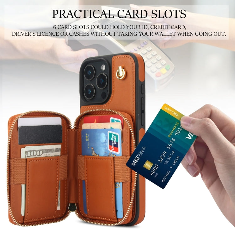 For iPhone 16 Pro Max AwQuer Crossbody Zipper Wallet Rhombic Leather Back Phone Case(Brown)