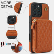 For iPhone 16 Pro Max AwQuer Crossbody Zipper Wallet Rhombic Leather Back Phone Case(Brown)