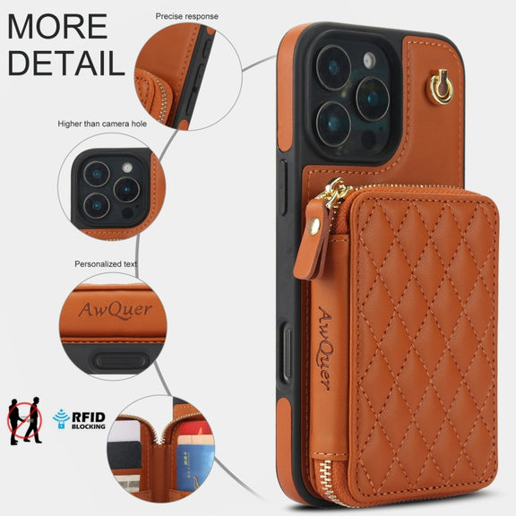 For iPhone 16 Pro Max AwQuer Crossbody Zipper Wallet Rhombic Leather Back Phone Case(Brown)