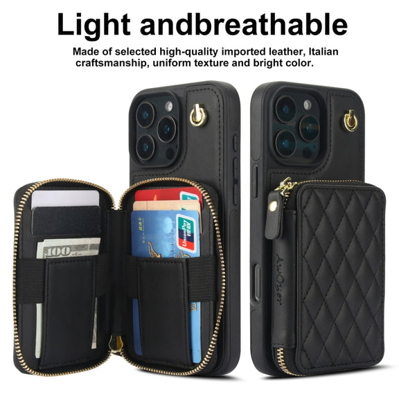 For iPhone 16 Pro AwQuer Crossbody Zipper Wallet Rhombic Leather Back Phone Case(Black)