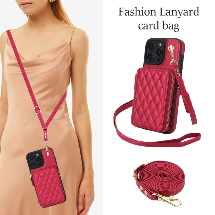For iPhone 16 Pro AwQuer Crossbody Zipper Wallet Rhombic Leather Back Phone Case(Red)