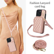 For iPhone 16 Pro AwQuer Crossbody Zipper Wallet Rhombic Leather Back Phone Case(Rose Gold)