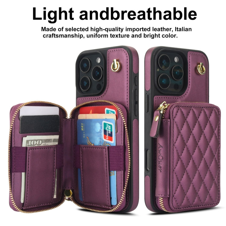 For iPhone 16 Pro AwQuer Crossbody Zipper Wallet Rhombic Leather Back Phone Case(Dark Purple)