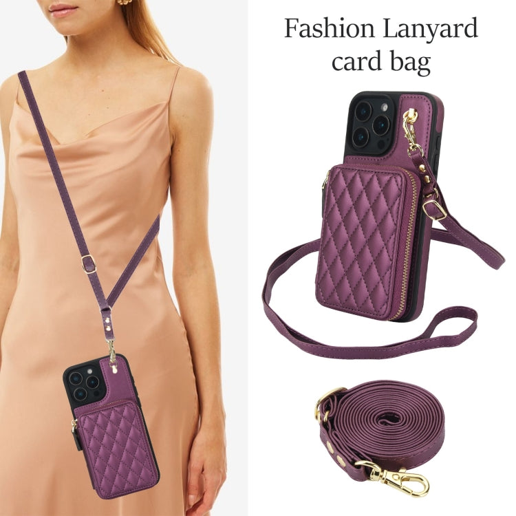 For iPhone 16 Pro AwQuer Crossbody Zipper Wallet Rhombic Leather Back Phone Case(Dark Purple)