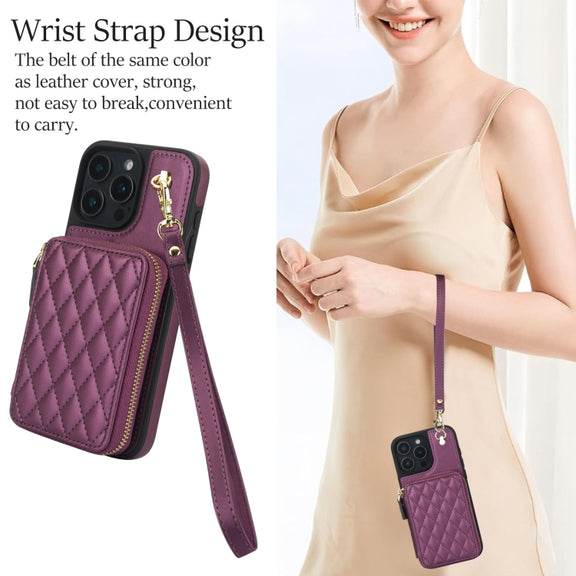 For iPhone 16 Pro AwQuer Crossbody Zipper Wallet Rhombic Leather Back Phone Case(Dark Purple)