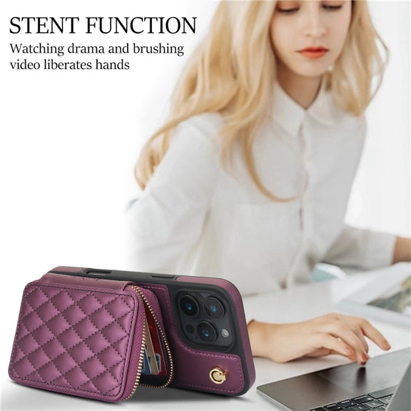For iPhone 16 Pro AwQuer Crossbody Zipper Wallet Rhombic Leather Back Phone Case(Dark Purple)