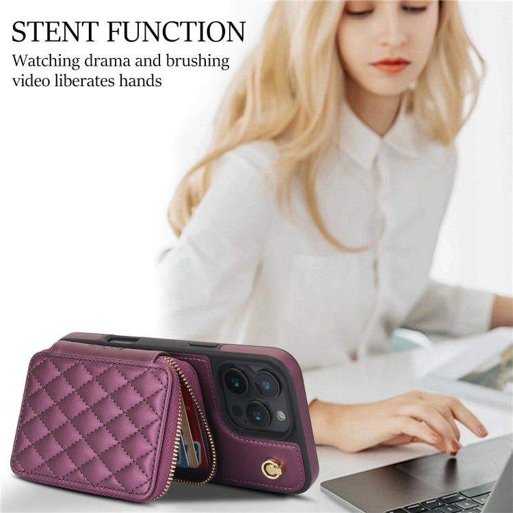 For iPhone 16 Pro AwQuer Crossbody Zipper Wallet Rhombic Leather Back Phone Case(Dark Purple)