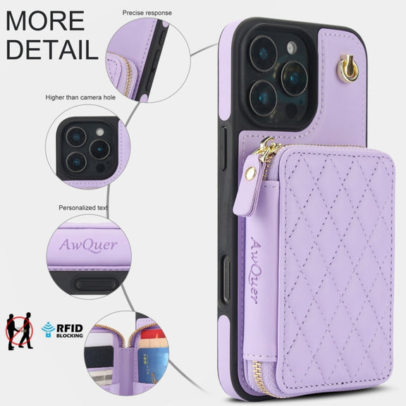 For iPhone 16 Pro AwQuer Crossbody Zipper Wallet Rhombic Leather Back Phone Case(Purple)