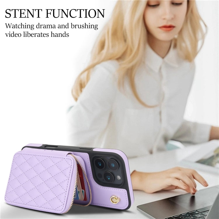 For iPhone 16 Pro AwQuer Crossbody Zipper Wallet Rhombic Leather Back Phone Case(Purple)