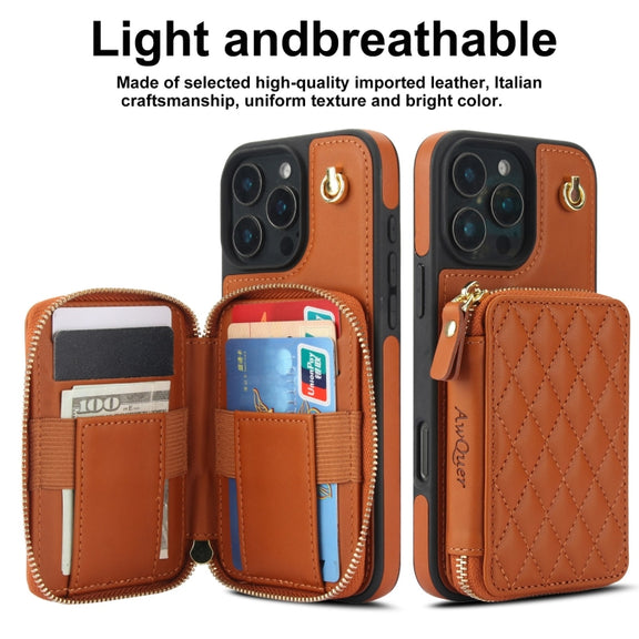 For iPhone 16 Pro AwQuer Crossbody Zipper Wallet Rhombic Leather Back Phone Case(Brown)