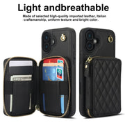 For iPhone 16 Plus AwQuer Crossbody Zipper Wallet Rhombic Leather Back Phone Case(Black)