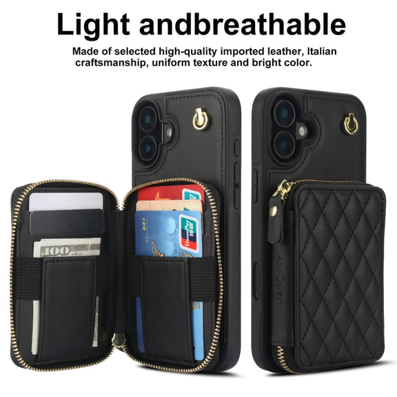 For iPhone 16 Plus AwQuer Crossbody Zipper Wallet Rhombic Leather Back Phone Case(Black)