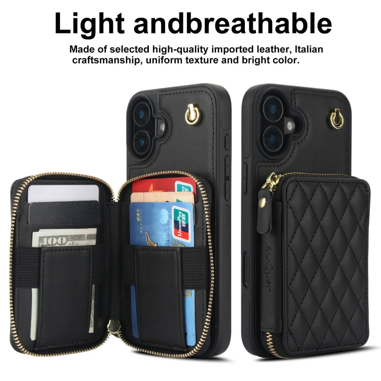 For iPhone 16 Plus AwQuer Crossbody Zipper Wallet Rhombic Leather Back Phone Case(Black)