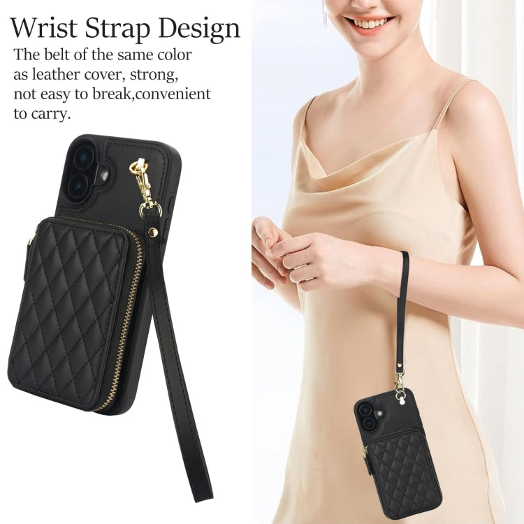 For iPhone 16 Plus AwQuer Crossbody Zipper Wallet Rhombic Leather Back Phone Case(Black)
