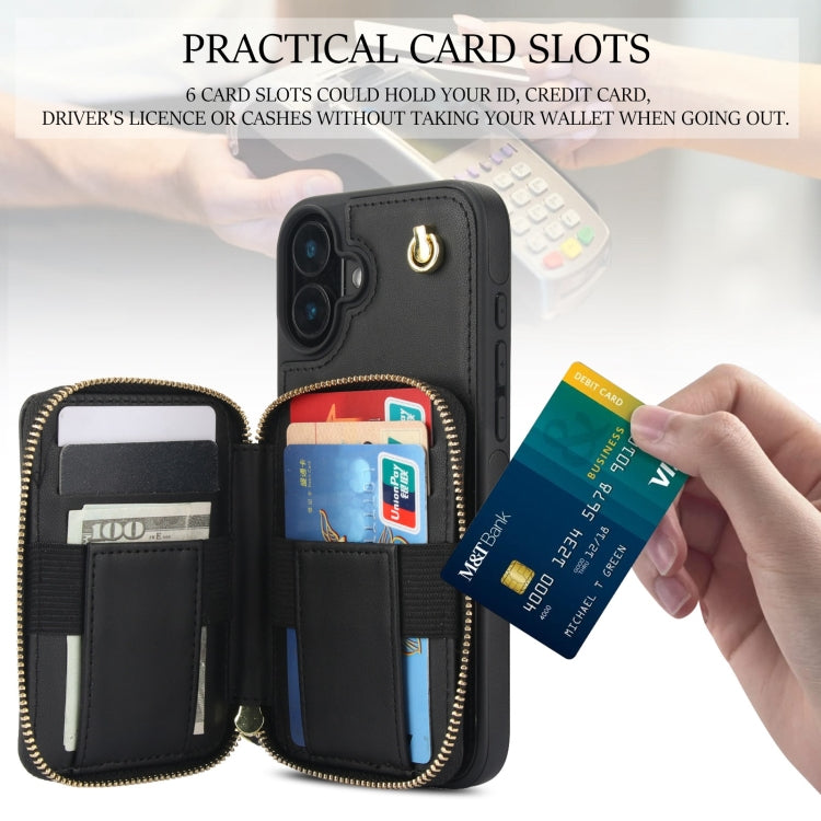 For iPhone 16 Plus AwQuer Crossbody Zipper Wallet Rhombic Leather Back Phone Case(Black)
