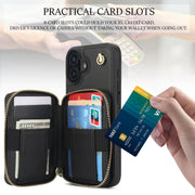 For iPhone 16 Plus AwQuer Crossbody Zipper Wallet Rhombic Leather Back Phone Case(Black)