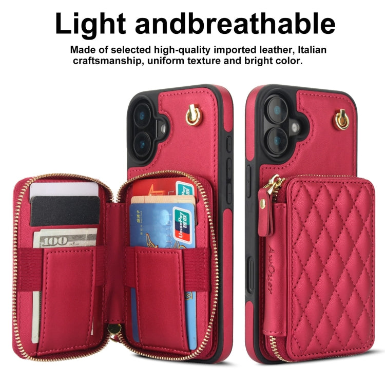 For iPhone 16 Plus AwQuer Crossbody Zipper Wallet Rhombic Leather Back Phone Case(Red)