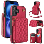 For iPhone 16 Plus AwQuer Crossbody Zipper Wallet Rhombic Leather Back Phone Case(Red)
