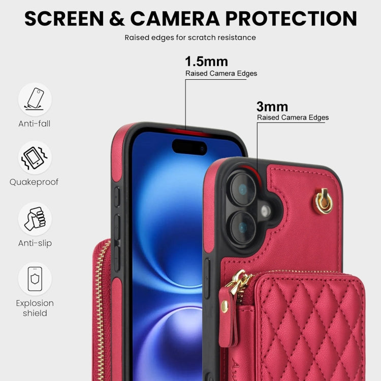 For iPhone 16 Plus AwQuer Crossbody Zipper Wallet Rhombic Leather Back Phone Case(Red)