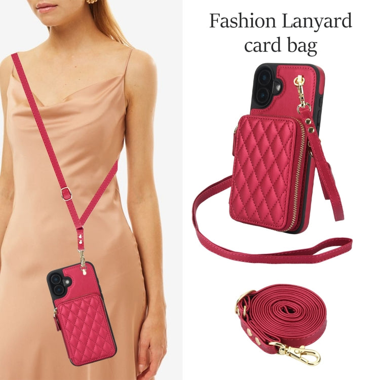 For iPhone 16 Plus AwQuer Crossbody Zipper Wallet Rhombic Leather Back Phone Case(Red)