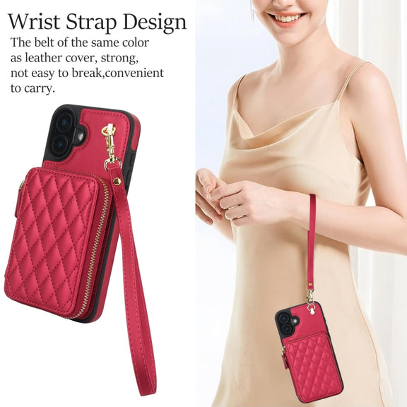 For iPhone 16 Plus AwQuer Crossbody Zipper Wallet Rhombic Leather Back Phone Case(Red)