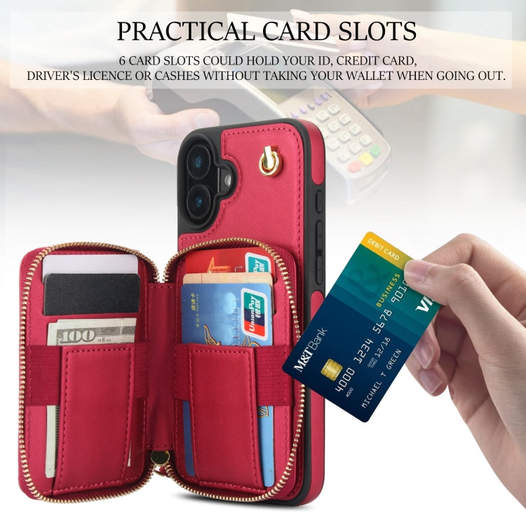 For iPhone 16 Plus AwQuer Crossbody Zipper Wallet Rhombic Leather Back Phone Case(Red)