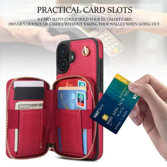 For iPhone 16 Plus AwQuer Crossbody Zipper Wallet Rhombic Leather Back Phone Case(Red)