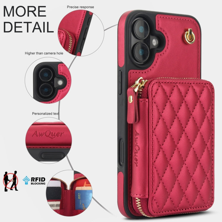 For iPhone 16 Plus AwQuer Crossbody Zipper Wallet Rhombic Leather Back Phone Case(Red)