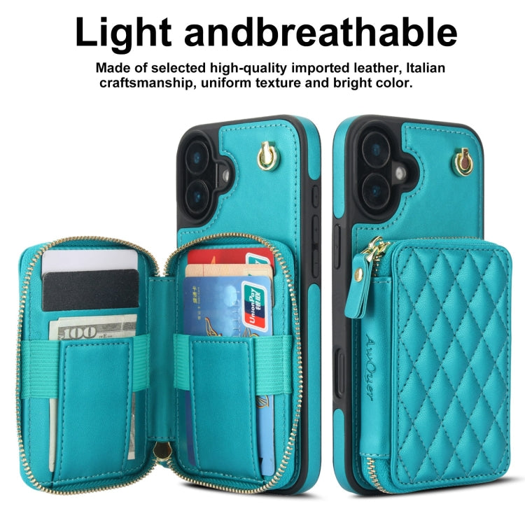 For iPhone 16 Plus AwQuer Crossbody Zipper Wallet Rhombic Leather Back Phone Case(Green)