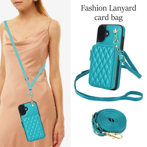 For iPhone 16 Plus AwQuer Crossbody Zipper Wallet Rhombic Leather Back Phone Case(Green)