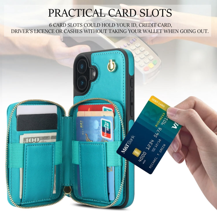 For iPhone 16 Plus AwQuer Crossbody Zipper Wallet Rhombic Leather Back Phone Case(Green)