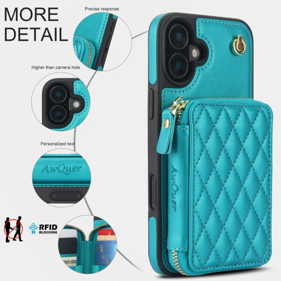 For iPhone 16 Plus AwQuer Crossbody Zipper Wallet Rhombic Leather Back Phone Case(Green)