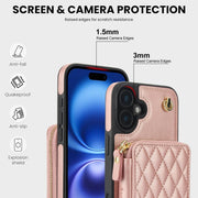 For iPhone 16 Plus AwQuer Crossbody Zipper Wallet Rhombic Leather Back Phone Case(Rose Gold)
