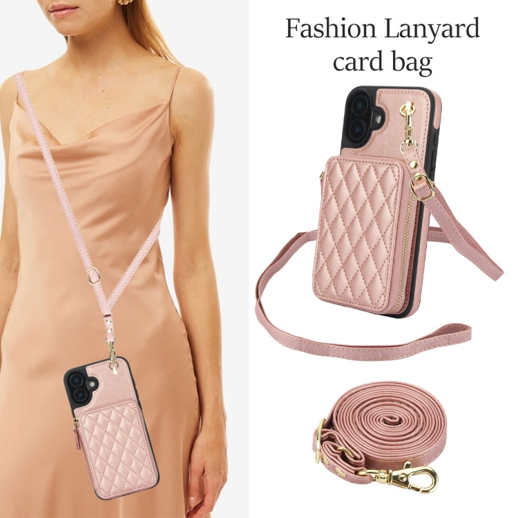 For iPhone 16 Plus AwQuer Crossbody Zipper Wallet Rhombic Leather Back Phone Case(Rose Gold)