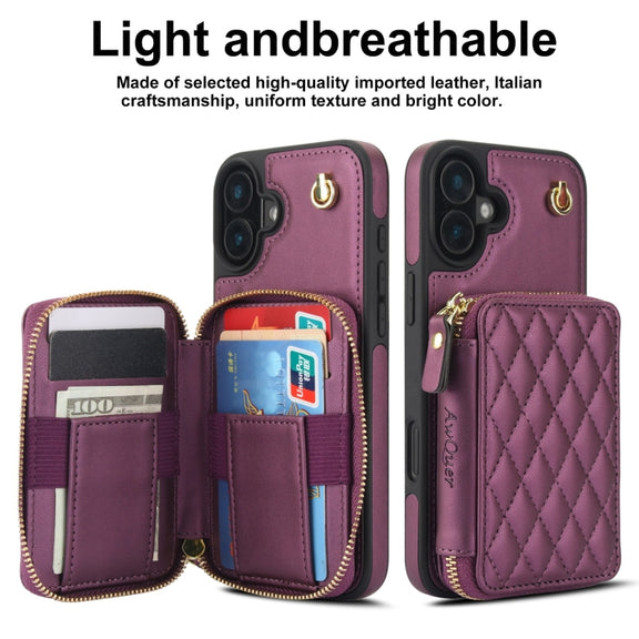 For iPhone 16 Plus AwQuer Crossbody Zipper Wallet Rhombic Leather Back Phone Case(Dark Purple)