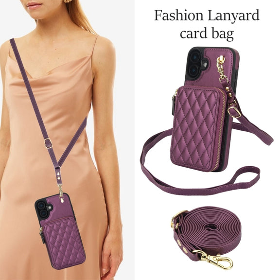 For iPhone 16 Plus AwQuer Crossbody Zipper Wallet Rhombic Leather Back Phone Case(Dark Purple)