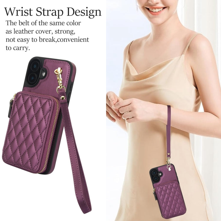 For iPhone 16 Plus AwQuer Crossbody Zipper Wallet Rhombic Leather Back Phone Case(Dark Purple)