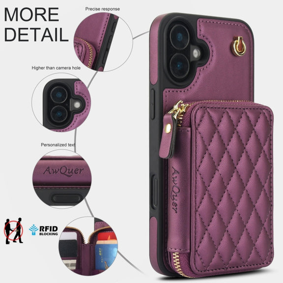 For iPhone 16 Plus AwQuer Crossbody Zipper Wallet Rhombic Leather Back Phone Case(Dark Purple)