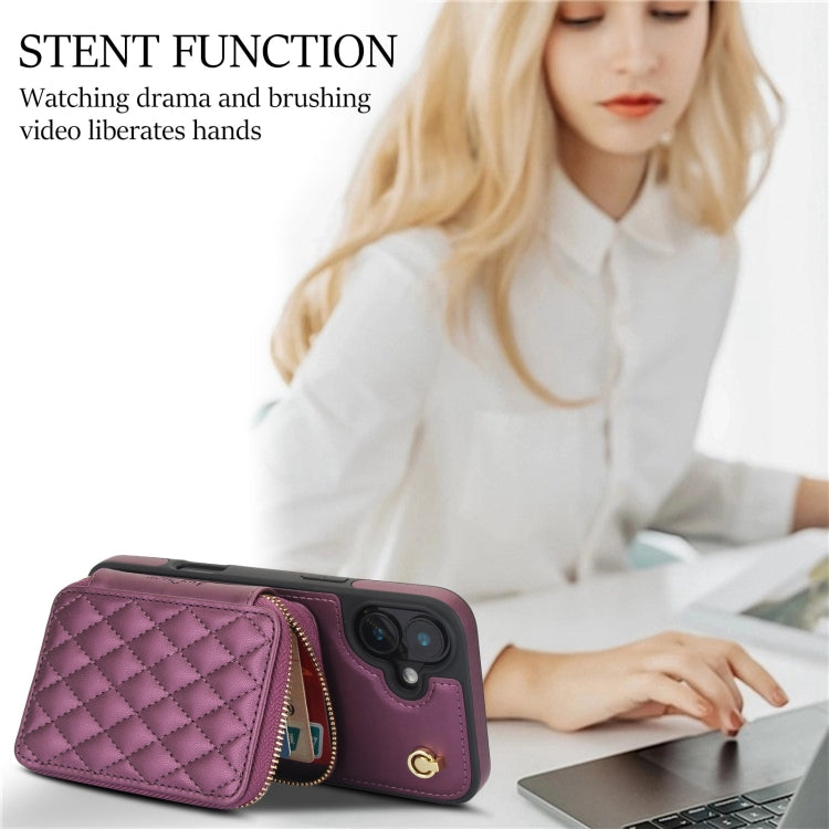 For iPhone 16 Plus AwQuer Crossbody Zipper Wallet Rhombic Leather Back Phone Case(Dark Purple)