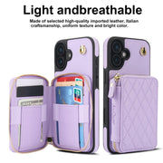 For iPhone 16 Plus AwQuer Crossbody Zipper Wallet Rhombic Leather Back Phone Case(Purple)