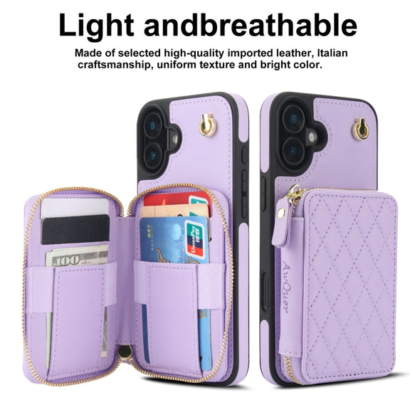For iPhone 16 Plus AwQuer Crossbody Zipper Wallet Rhombic Leather Back Phone Case(Purple)