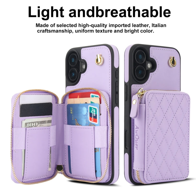 For iPhone 16 Plus AwQuer Crossbody Zipper Wallet Rhombic Leather Back Phone Case(Purple)