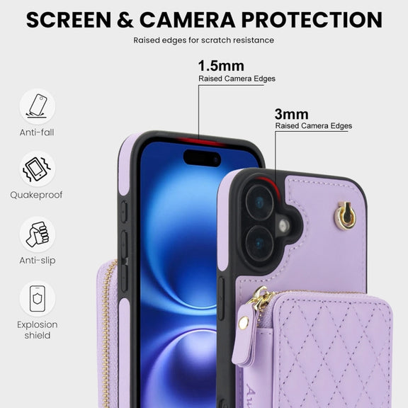 For iPhone 16 Plus AwQuer Crossbody Zipper Wallet Rhombic Leather Back Phone Case(Purple)