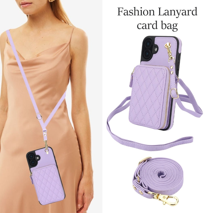 For iPhone 16 Plus AwQuer Crossbody Zipper Wallet Rhombic Leather Back Phone Case(Purple)