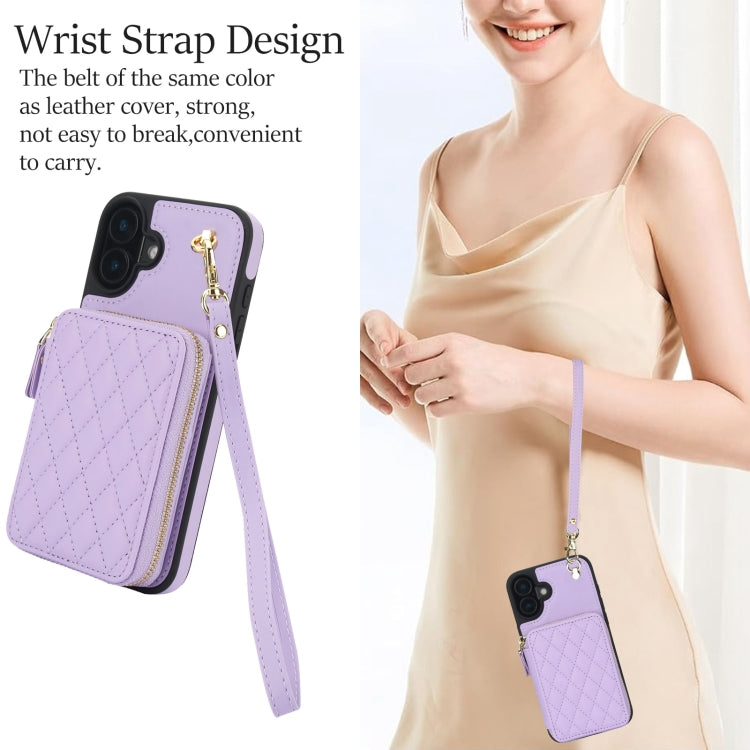 For iPhone 16 Plus AwQuer Crossbody Zipper Wallet Rhombic Leather Back Phone Case(Purple)
