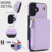 For iPhone 16 Plus AwQuer Crossbody Zipper Wallet Rhombic Leather Back Phone Case(Purple)