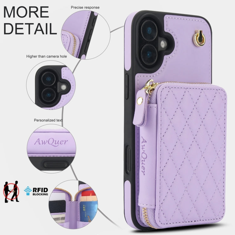 For iPhone 16 Plus AwQuer Crossbody Zipper Wallet Rhombic Leather Back Phone Case(Purple)